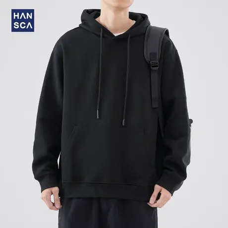 hansca黑色宽松连帽卫衣男潮牌春季新款重磅青少年情侣纯色上衣男商品大图