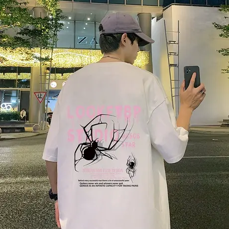 美式复古街头蜘蛛短袖t恤男夏季新款宽松潮牌oversize情侣上衣服商品大图