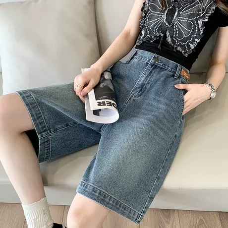 阔腿牛仔短裤女高腰a字2024年夏季薄款宽松遮胯显瘦直筒五分裤子商品大图