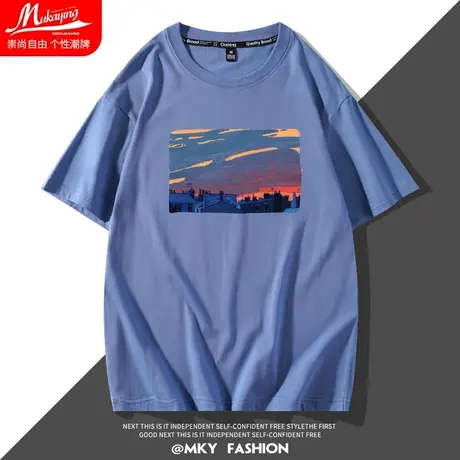 港风插画潮流ins短袖男士t恤夏季设计感小众纯棉打底衫宽松半袖潮商品大图