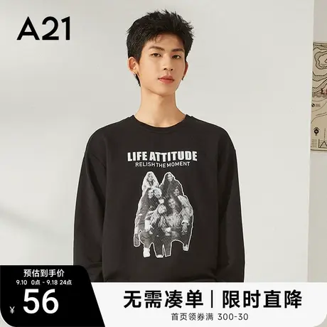 A21男装宽松圆领情侣长袖卫衣2023秋季新款男士潮牌上衣黑色帽衫图片