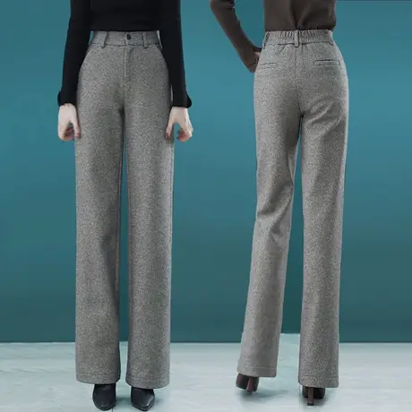 毛呢阔腿裤女秋冬垂感高腰加绒加厚2023新款呢子保暖显瘦直筒裤子商品大图