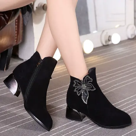 2023新款秋季磨砂真皮大码短靴女41 43 中跟女棉鞋显瘦42粗跟女靴商品大图