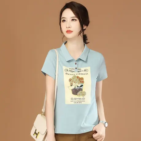 韩潮袭人休闲印花短袖T恤女2023夏季新款刺绣正肩POLO衫体恤上衣图片