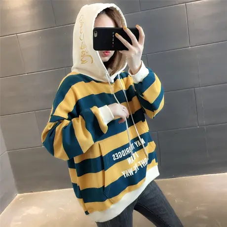 2023秋装新款女装宽松彩色条纹连帽休闲学生卫衣长袖套头上衣女商品大图