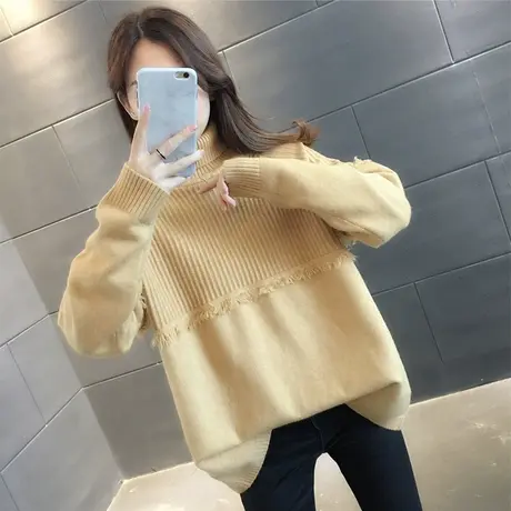 纯色高领套头毛衣女新款女装保暖针织打底上衣2023秋冬流苏外套潮图片