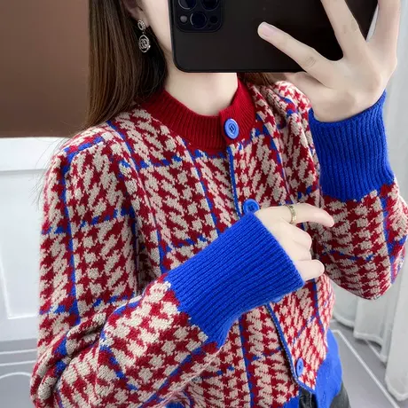 女士格子新年衣服上衣短款设计感毛衣新款2023爆款外套针织开衫冬商品大图