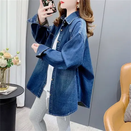 潮牌复古牛仔衬衫女春季2023新款宽松慵懒风休闲长袖蓝色衬衣外套商品大图
