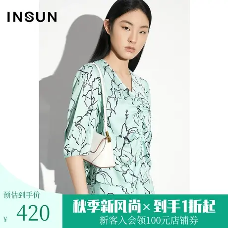 恩裳COVER2023夏款新款前中假门襟法式V领捏褶大廓形立裁袖子衬衫商品大图