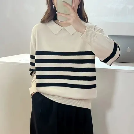 polo领条纹针织衫宽松毛衣女长袖t恤2023春装新款方领百搭打底衫图片