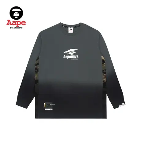 Aape旗舰店男装秋款猿颜印花迷彩拼接渐变潮流长袖T恤0854XXI图片