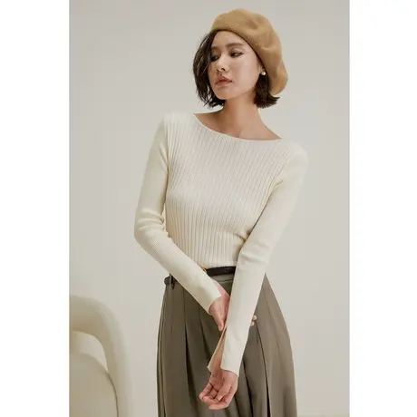 弥古一字领毛衣针织衫女秋冬长袖修身气质内搭上衣显瘦坑条打底衫图片