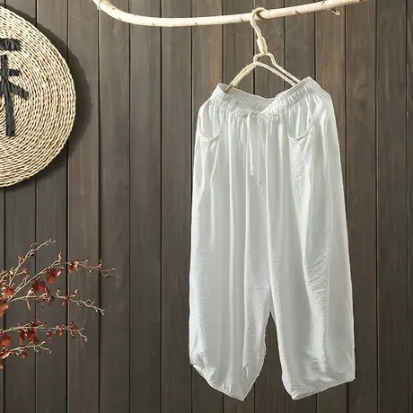 枫谜2021年夏季新款文艺简约棉麻纯色七分裤女宽松休闲薄款灯笼裤图片