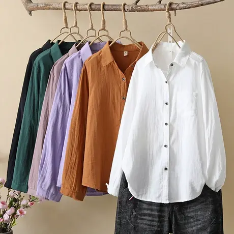 春秋简约复古文艺双层棉纱长袖纯棉白衬衫女宽松舒适透气打底上衣图片