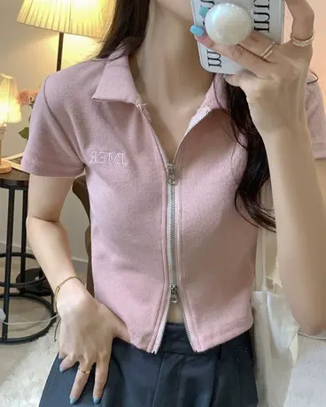 夏季Polo领正肩T恤女美式复古设计感小众双拉链修身短款短袖上衣图片