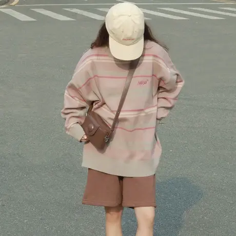 日系复古条纹毛衣女2022春秋宽松韩版慵懒风高级感针织衫上衣外套商品大图