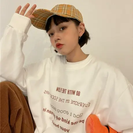 红续原创字母薄款圆领白色卫衣女宽松小个子外套2023年春秋新款图片