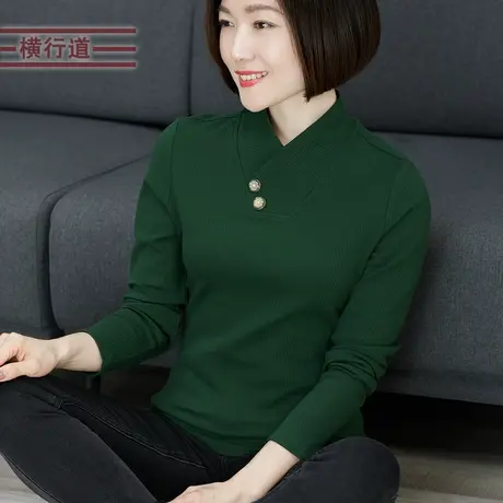 横行道上衣服t恤打底衫2023女装半高领内搭纯色长袖冬季纯棉小衫商品大图