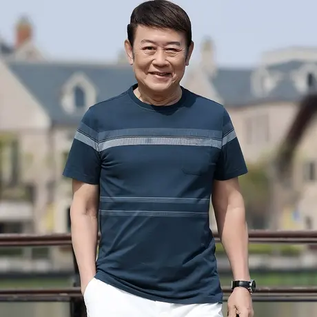 夏季中老年人男士短袖t恤衫圆领条纹纯棉薄款爸爸装半截袖上衣服商品大图