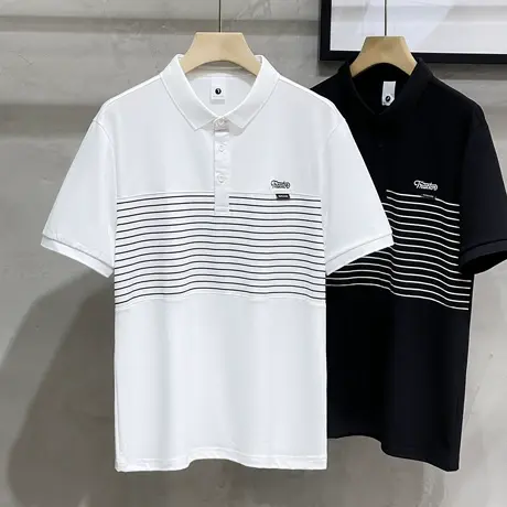 高端短袖Polo衫男2023夏季潮牌男装条纹拼接半袖日系文艺翻领t恤商品大图