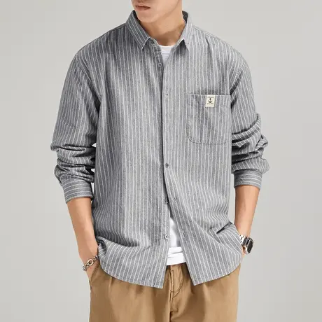 Modi Nick/摩帝尼克男士衬衫复古水洗工艺经典条纹衬衣休闲上衣男商品大图