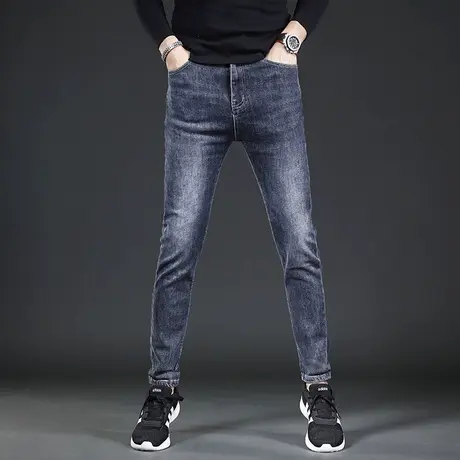 蓝色牛仔裤男秋冬厚款潮牌修身小脚简约潮流男士2022新款弹力裤子商品大图