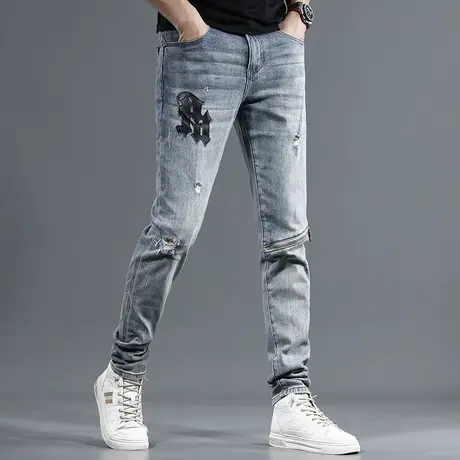 痞帅破洞牛仔裤男2023新款夏季修身小脚潮牌刺绣男士弹力薄款裤子图片