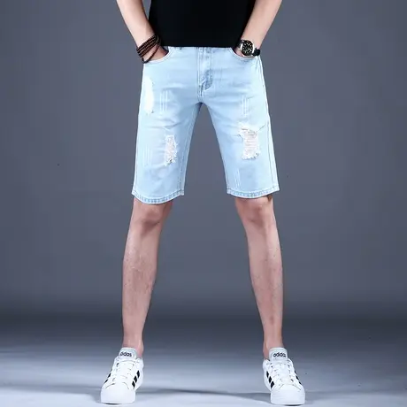 2023男士新款牛仔裤子简约修身浅蓝百搭破洞小直筒短裤春夏男潮牌图片