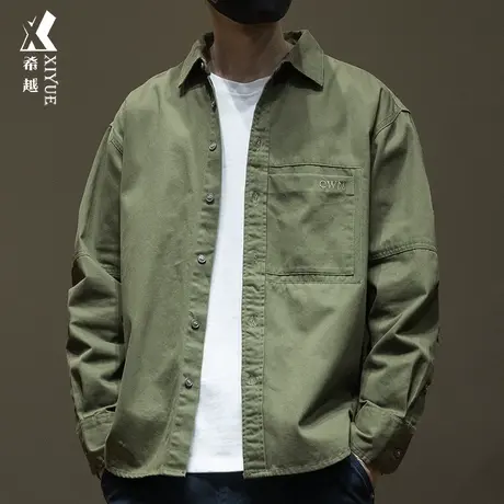 希越军绿色长袖衬衫男士重磅水洗工装衬衣秋季宽松大码开衫外套男商品大图