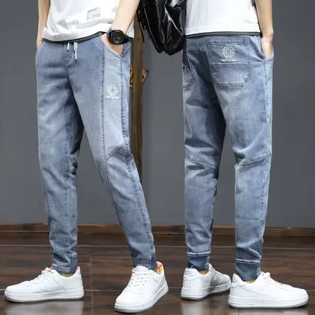 九分高端拼接牛仔裤男士束脚宽松休闲男裤子夏季薄款春秋款青少年图片