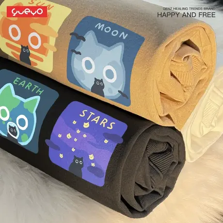 悦游 天文猫三连 夏季宽松短袖T恤男日系潮牌男纯棉太阳月亮地球商品大图