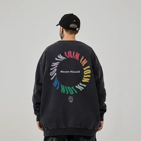 美式复古字母嘻哈大码圆领卫衣男装ins纯棉重磅水洗做旧高街春秋商品大图