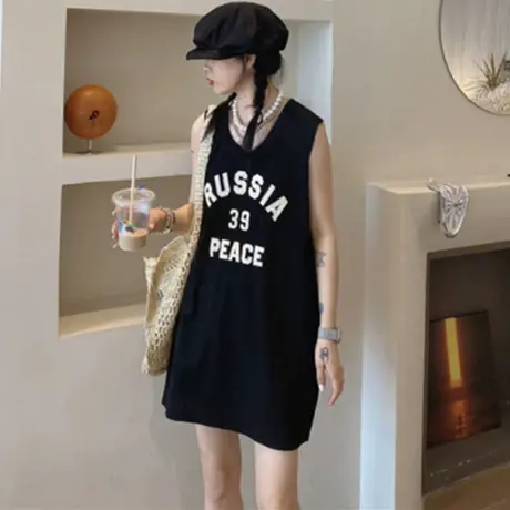 美式复古纯棉吊带运动坎肩背心无袖t恤女夏季外穿宽松篮球服上衣图片