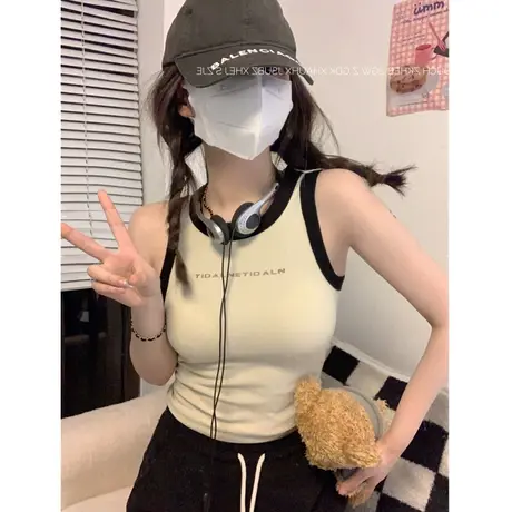 甜辣撞色修身外穿工字吊带背心女夏季带胸垫内搭短款无袖运动上衣图片