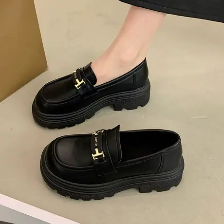 厚底乐福鞋女2024春秋季新款韩系配裙子一脚蹬单鞋粗跟通勤小皮鞋图片