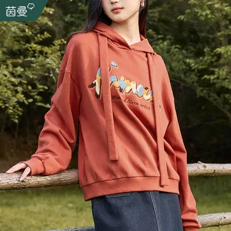 茵曼oversize连帽卫衣春秋短款上衣女2023新款秋冬长袖宽松套头衫图片