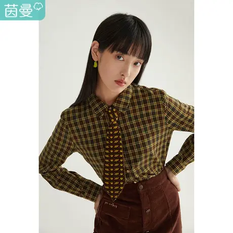 【商场同款】茵曼2023年秋季新款女印花领带尖领格纹纯棉长袖衬衣商品大图