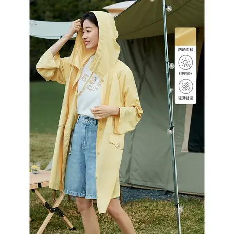 茵曼2023夏季女装新款时尚休闲连帽落肩袖收腰长袖中长款防晒衫图片