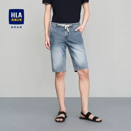 HLA/海澜之家洗水工艺牛仔中裤抽绳系带弹力平整皮质裤卡短裤男夏商品大图