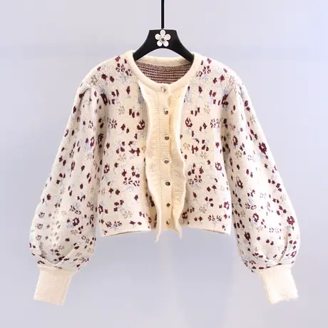 复古提花毛衣外套女秋冬2023新款日系甜美减龄荷叶边短款针织开衫图片