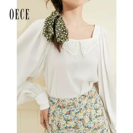 法式温柔复古蕾丝方领长袖雪纺衫衬衫上衣春秋新款女装商品大图