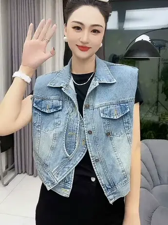 欧货春夏新款设计感坎肩无袖浅蓝色时尚洋气复古水洗牛仔马甲外套商品大图