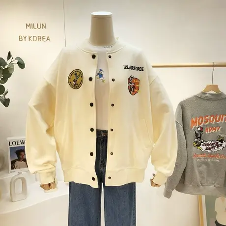 韩国东大门外套2021秋季新款重工刺绣卡通开衫夹克宽松棒球服休闲图片