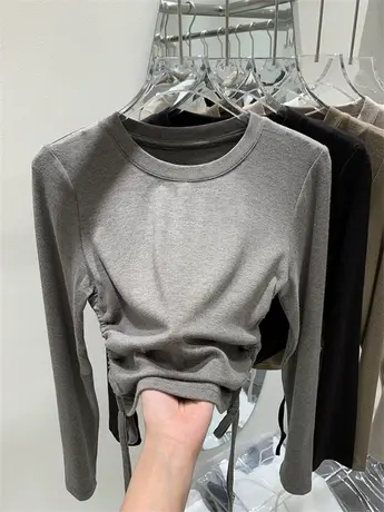 欧货抽绳修身短款长袖打底衫T恤女早秋2023圆领设计感弹力上衣商品大图