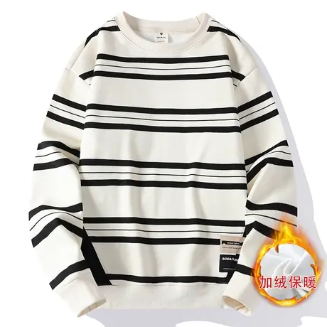 男士加绒加厚圆领卫衣2022冬季新款潮流条纹拼接时尚套头百搭上衣商品大图