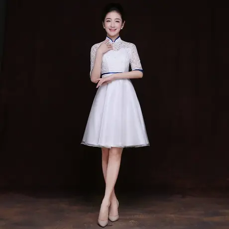 旗袍2025新款中国风端庄礼仪时尚少女短款大气白色蕾丝毕业礼服裙图片