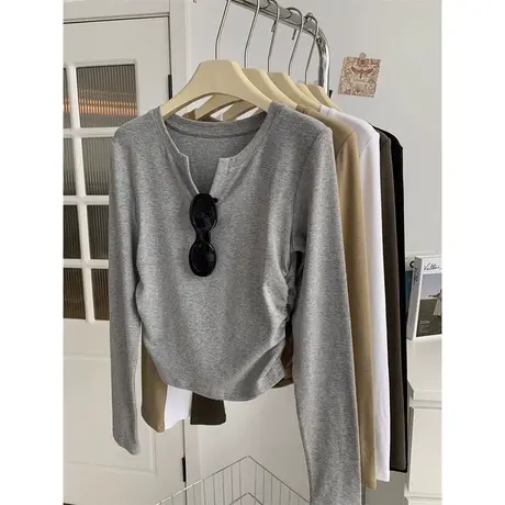 褶皱长袖T恤女早秋洋气减龄修身显瘦短款打底小衫纯色V领上衣体恤商品大图