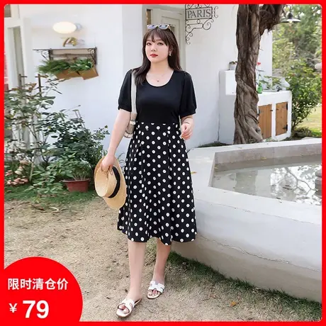 2023年夏装新款收腰显瘦大码胖MM长款波点裙茶歇短袖假两件连衣裙商品大图