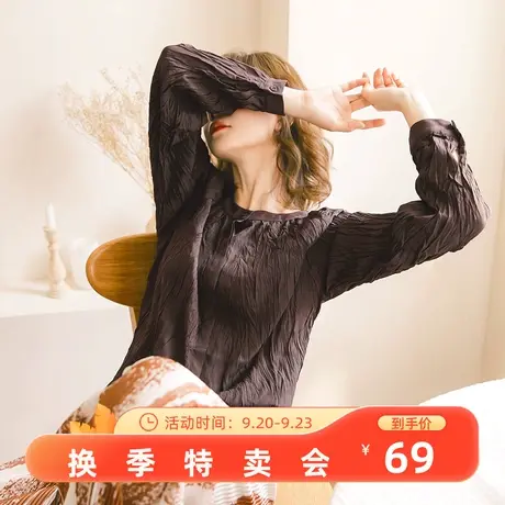 桔熊春秋季通勤无领衬衫纯色褶皱皱布收腰长袖上衣大码AB14391图片