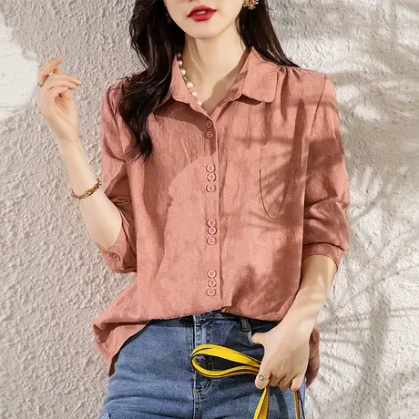 妈妈秋装纯棉衬衫女宽松加大码女装中年休闲遮肚减龄百搭显瘦衬衣商品大图